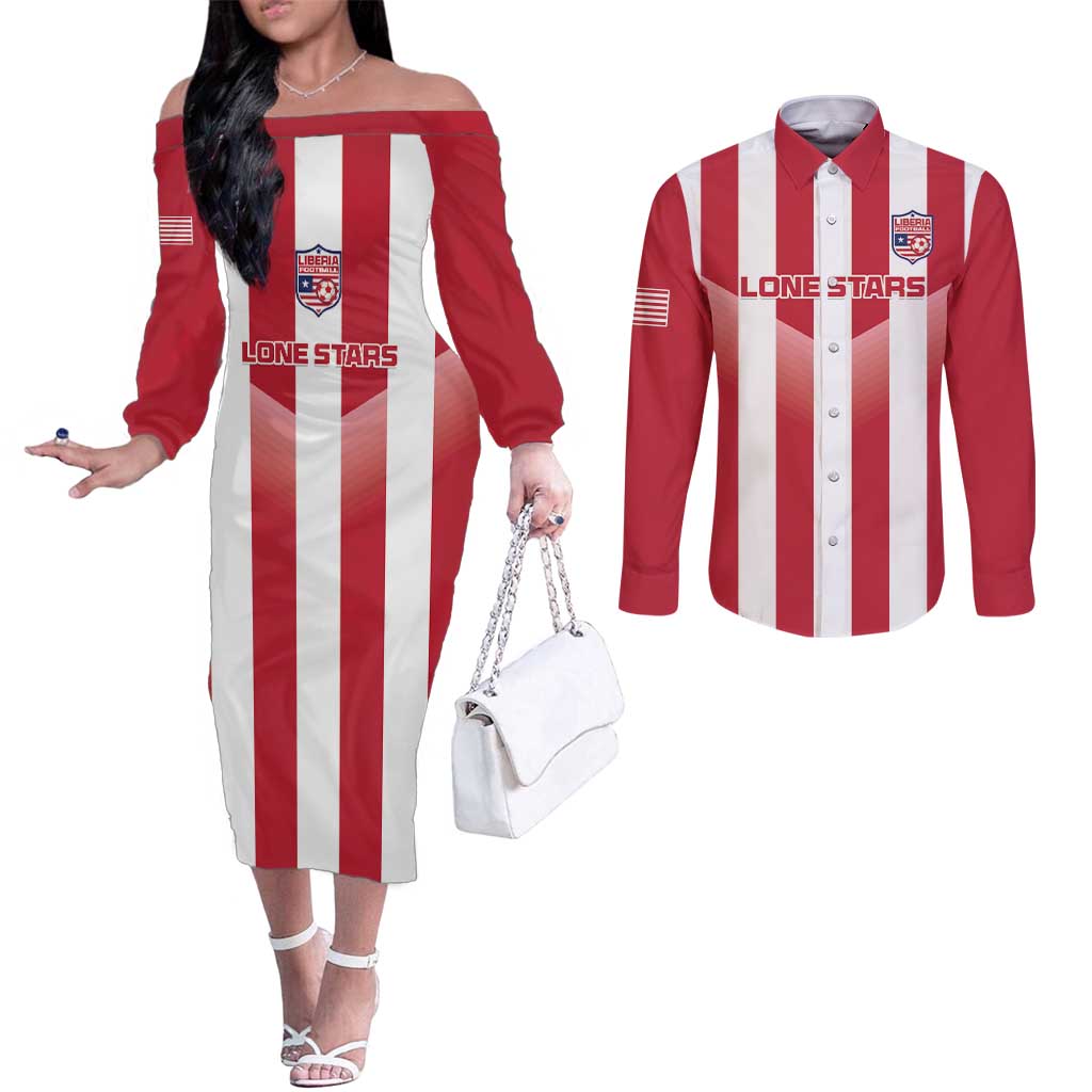 Custom Liberia Football Couples Matching Off The Shoulder Long Sleeve Dress and Long Sleeve Button Shirt Sporty Style