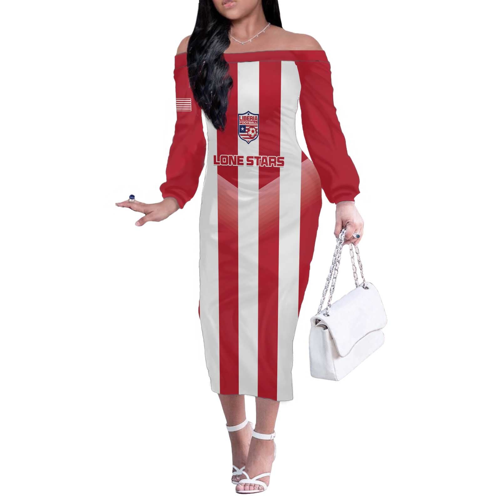 Custom Liberia Football Off The Shoulder Long Sleeve Dress Sporty Style - Wonder Print Shop