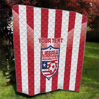 Red and white quilt with Liberia football emblem and soccer ball, custom text centered