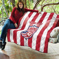 Red-and-white striped Liberia football quilt with crest and soccer ball, custom text