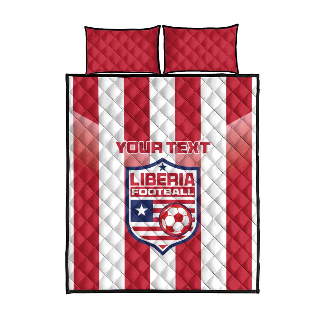 Red quilt set with white stripes, football crest and “Your Text,” shown with two pillows