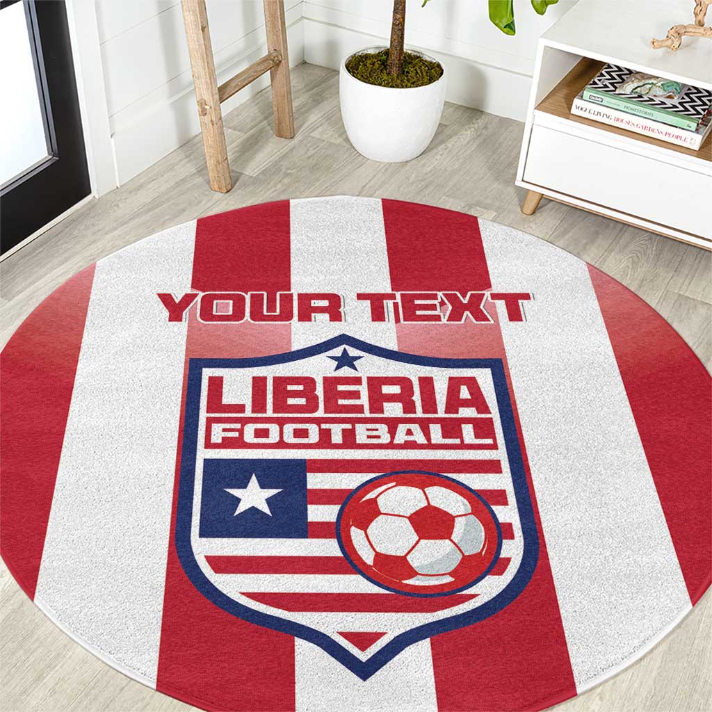 Red and white round football rug with Liberia crest and customizable 'YOUR TEXT'