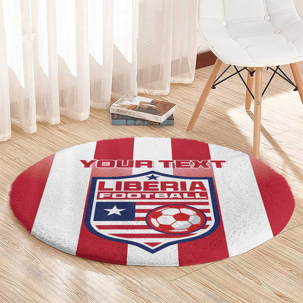 Red and white round football rug with Liberia crest emblem and 'YOUR TEXT' lettering