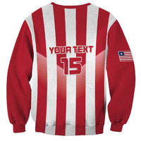 Red/white striped football sweatshirt back with YOUR TEXT 15 and flag patch