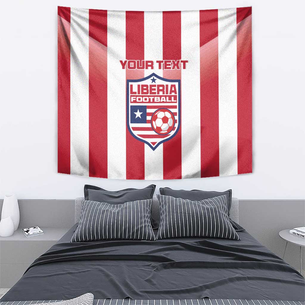 Hanging custom Liberia football tapestry with red-and-white vertical stripes and central crest