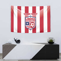 Custom Liberia football tapestry with red and white vertical stripes, YOUR TEXT, and crest