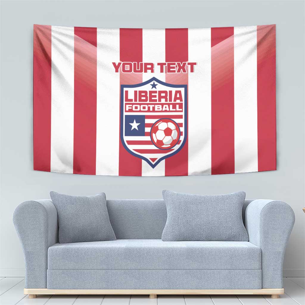 Custom Liberia football tapestry close-up: red/white stripes with YOUR TEXT and Liberia crest