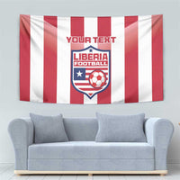 Custom Liberia football tapestry close-up: red/white stripes with YOUR TEXT and Liberia crest