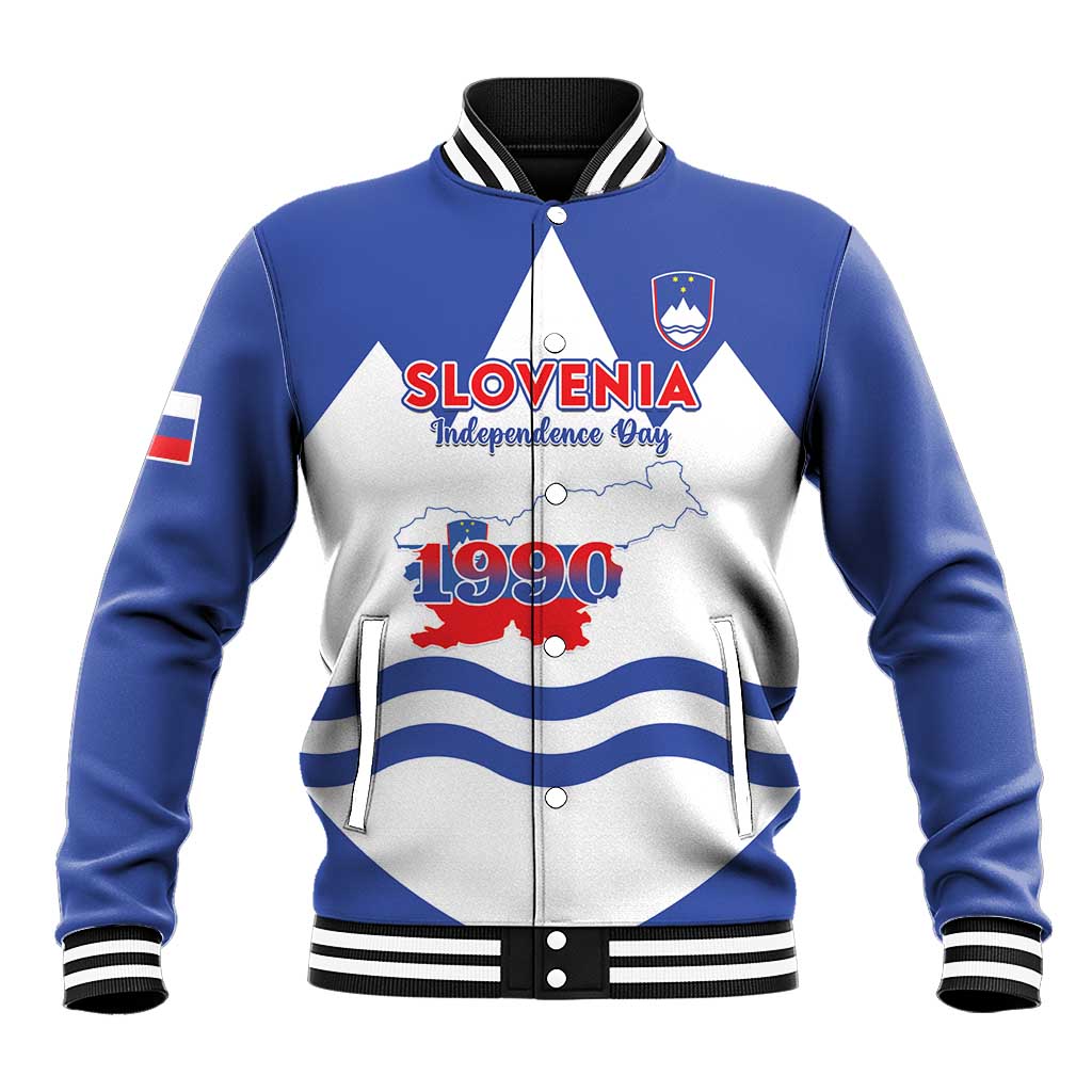 Blue and white baseball jacket with Slovenia map, Independence Day 1990 graphic and crest