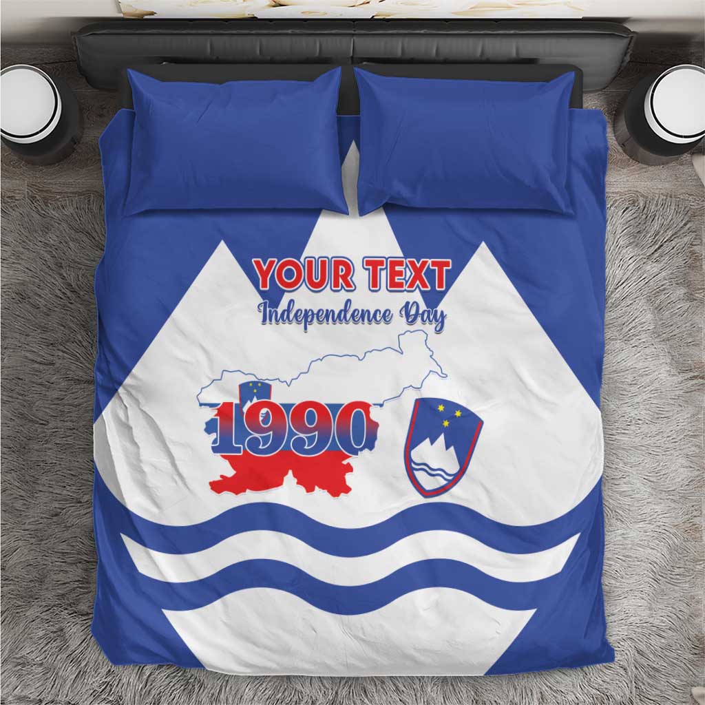 Personalized blue Independence Day bedding set with white flag map, “YOUR TEXT,” 1990 and shield