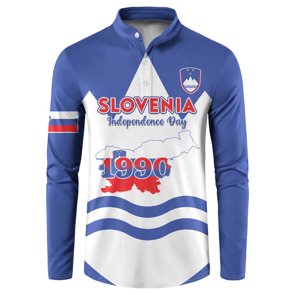 Blue henley sweatshirt with Slovenia flag map, crest, and Independence Day 1990 print