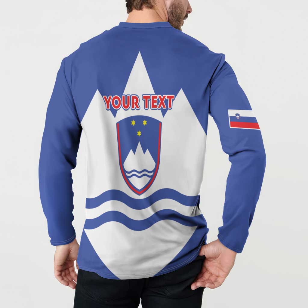 Blue henley sweatshirt back with YOUR TEXT over Slovenian crest and flag wave stripes