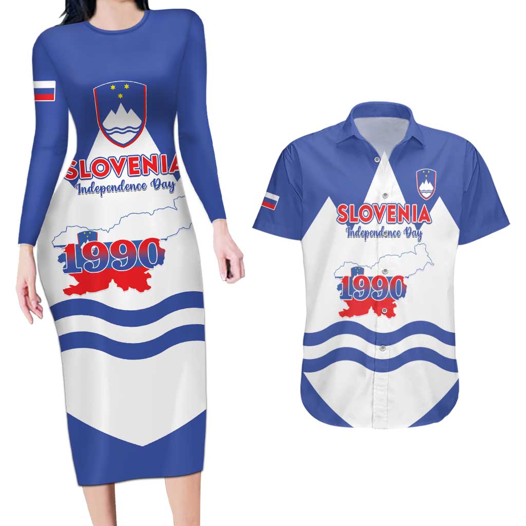 Personalised Slovenia Independence Day Couples Matching Long Sleeve Bodycon Dress and Hawaiian Shirt Flag Map With Coat Of Arms - Wonder Print Shop