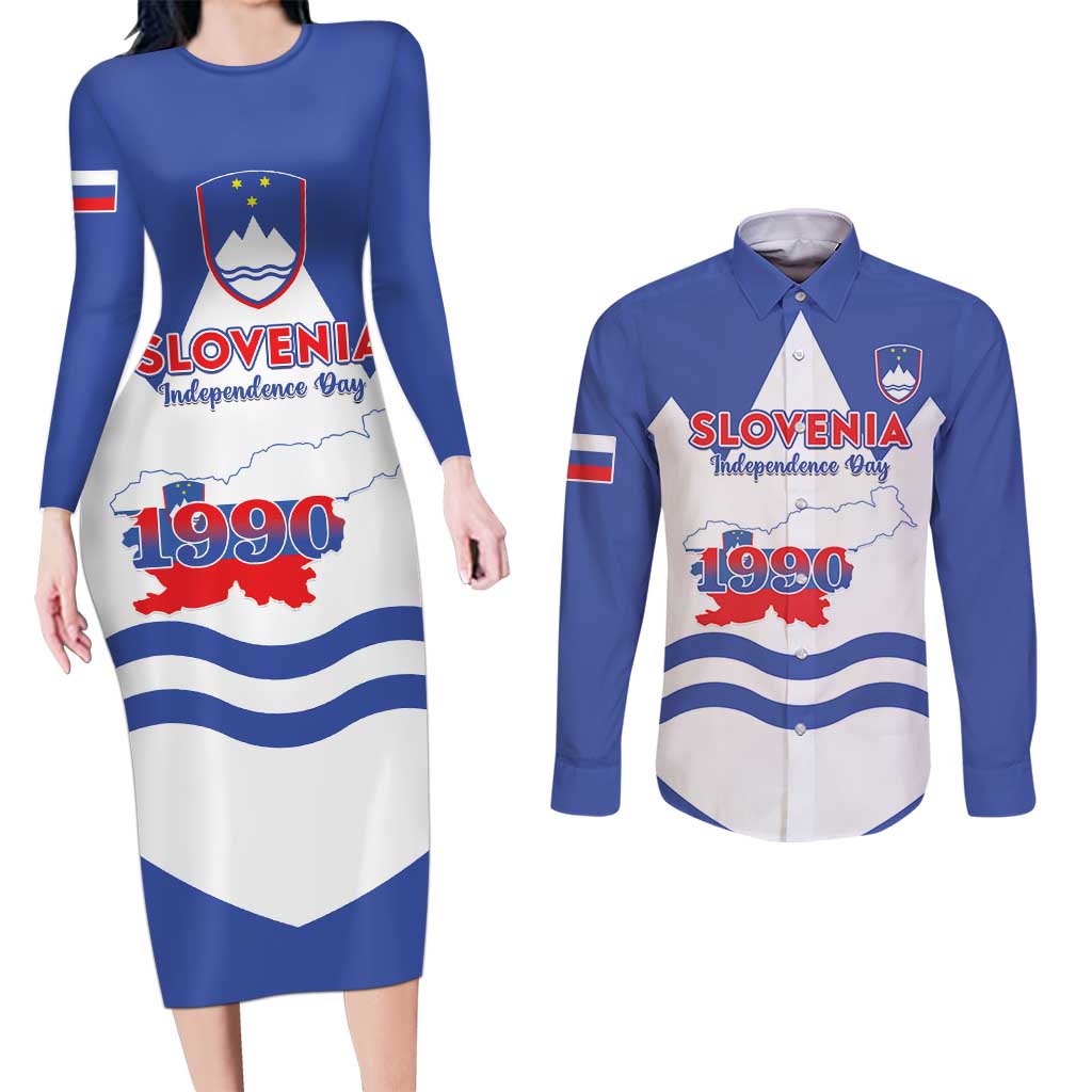 Personalised Slovenia Independence Day Couples Matching Long Sleeve Bodycon Dress and Long Sleeve Button Shirt Flag Map With Coat Of Arms - Wonder Print Shop