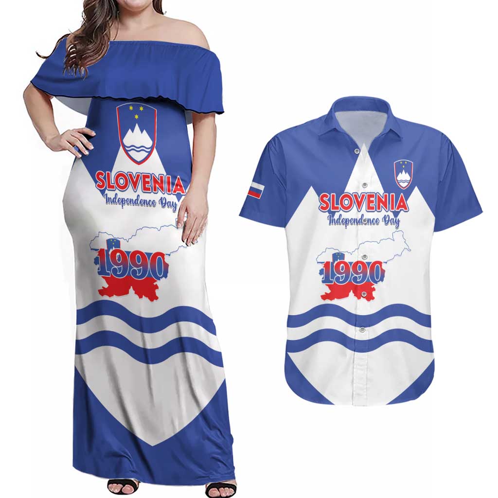 Personalised Slovenia Independence Day Couples Matching Off Shoulder Maxi Dress and Hawaiian Shirt Flag Map With Coat Of Arms - Wonder Print Shop