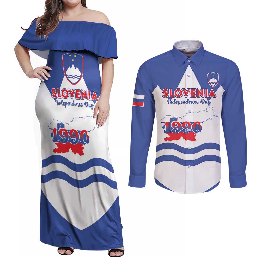 Personalised Slovenia Independence Day Couples Matching Off Shoulder Maxi Dress and Long Sleeve Button Shirt Flag Map With Coat Of Arms - Wonder Print Shop