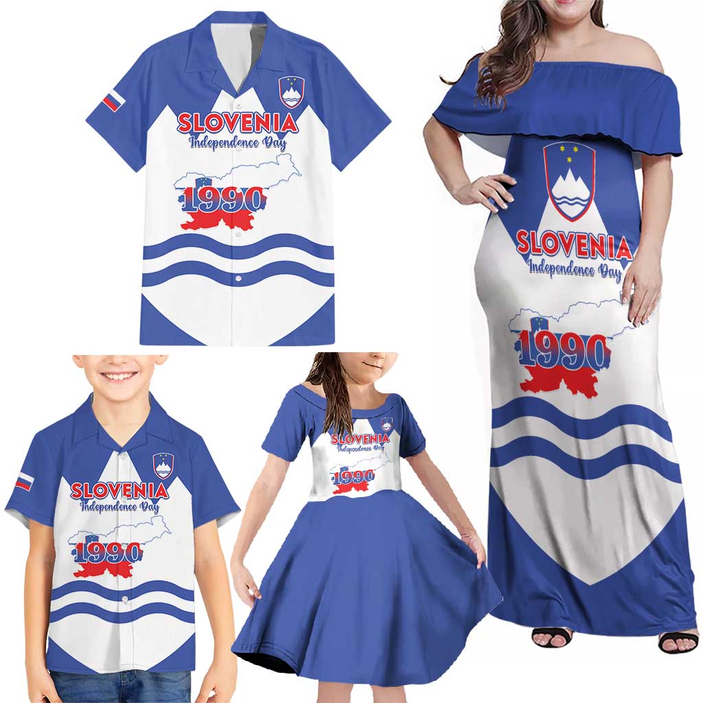 Personalised Slovenia Independence Day Family Matching Off Shoulder Maxi Dress and Hawaiian Shirt Flag Map With Coat Of Arms - Wonder Print Shop