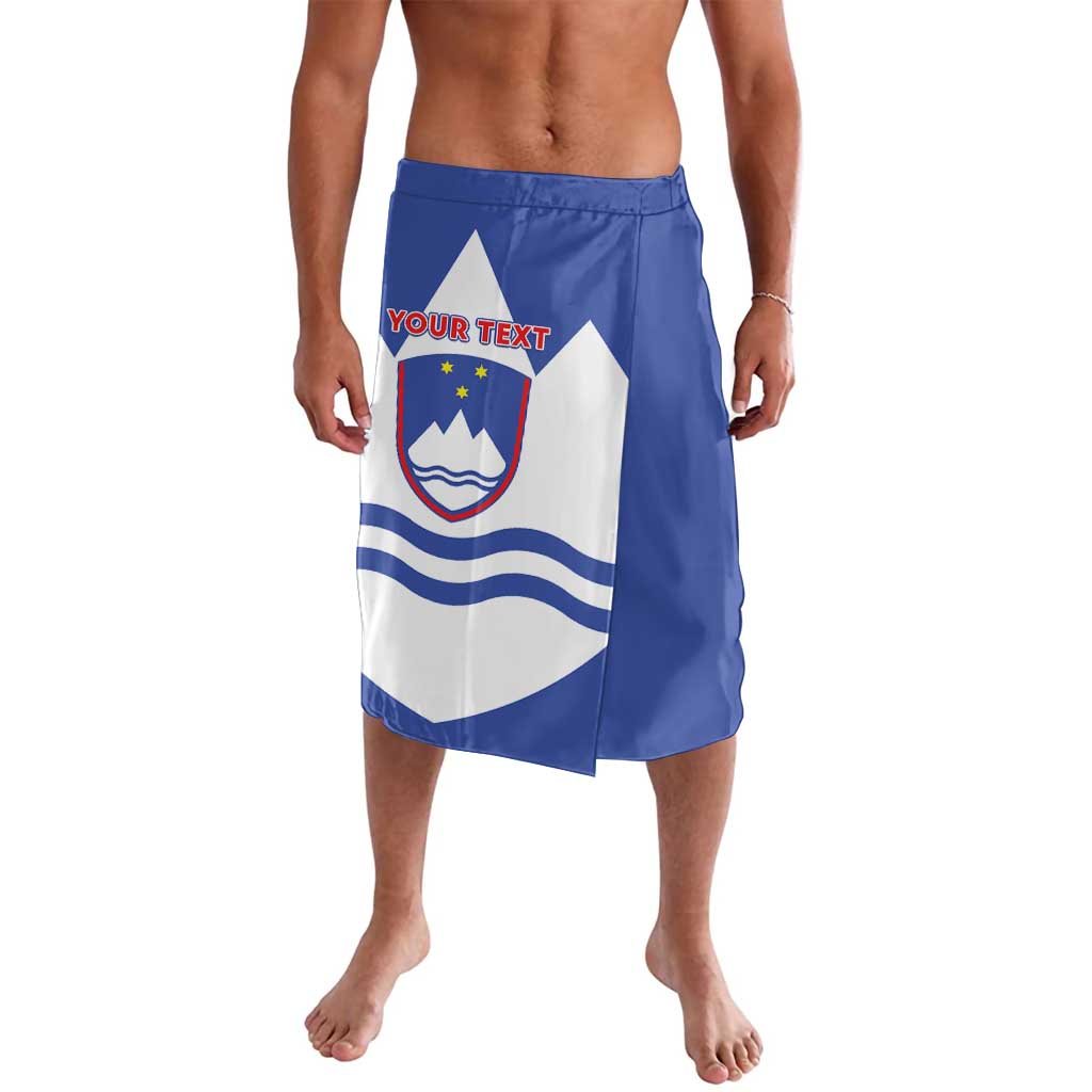 Blue flag-pattern lavalava skirt with coat of arms and placeholder "YOUR TEXT" front