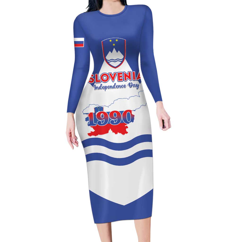 Personalised Slovenia Independence Day Long Sleeve Bodycon Dress Flag Map With Coat Of Arms - Wonder Print Shop