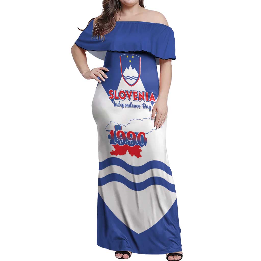 Personalised Slovenia Independence Day Off Shoulder Maxi Dress Flag Map With Coat Of Arms - Wonder Print Shop