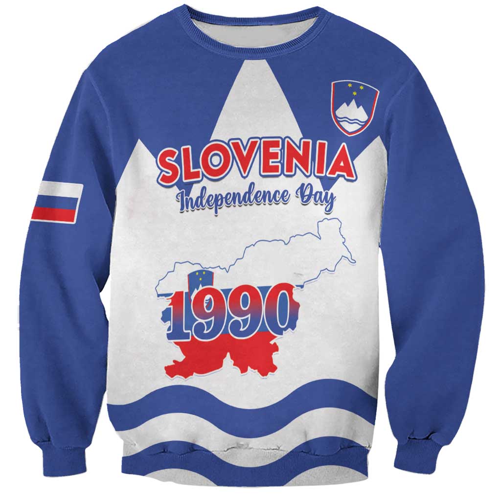 Blue sweatshirt with Slovenia map, 'Independence Day 1990' text and coat of arms