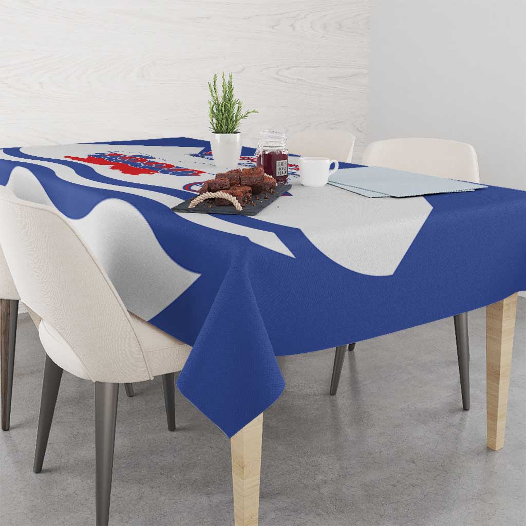 Blue and white Slovenia flag tablecloth with large wave pattern and coat of arms