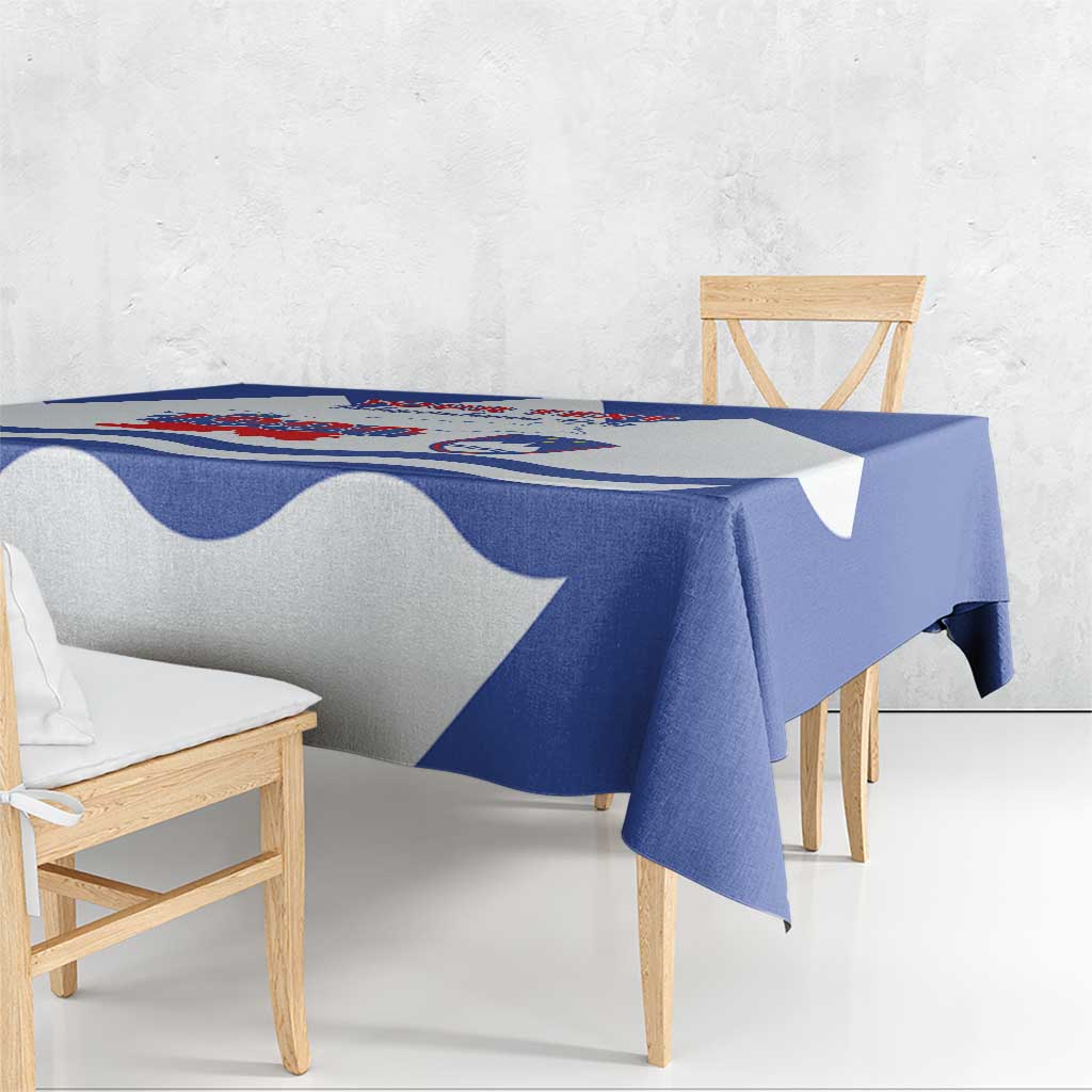 Blue and white Slovenia flag tablecloth draped over a dining bench