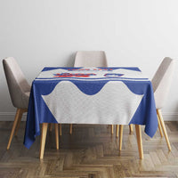 Blue and white Slovenia flag tablecloth on a small table with chair backs