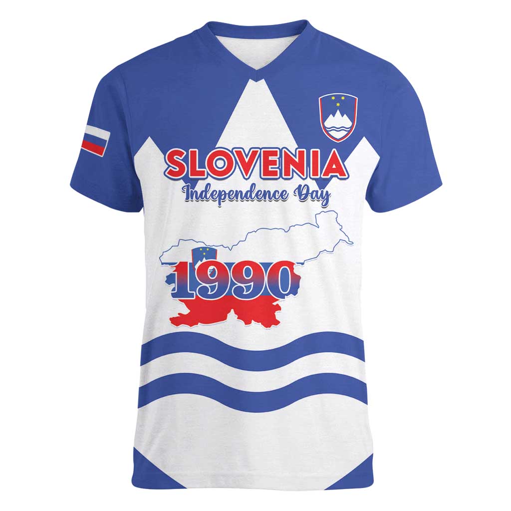 Personalised Slovenia Independence Day Women V-Neck T-Shirt Flag Map With Coat Of Arms - Wonder Print Shop