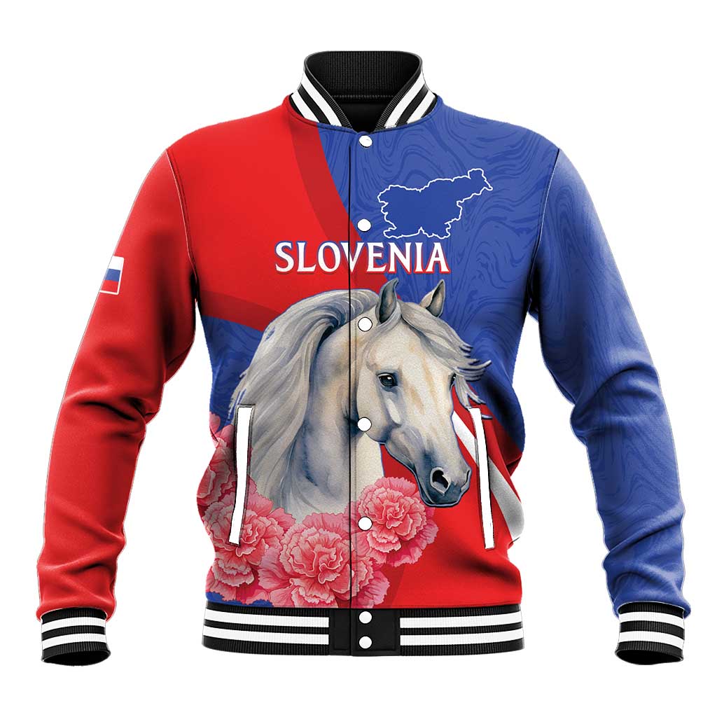 Color-block varsity baseball jacket with horse and Slovenia graphic, striped rib trim