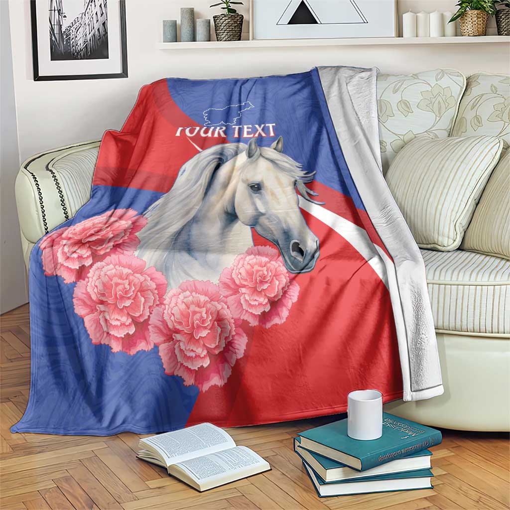 Personalised blue and red horse blanket with pink carnations and custom text, draped