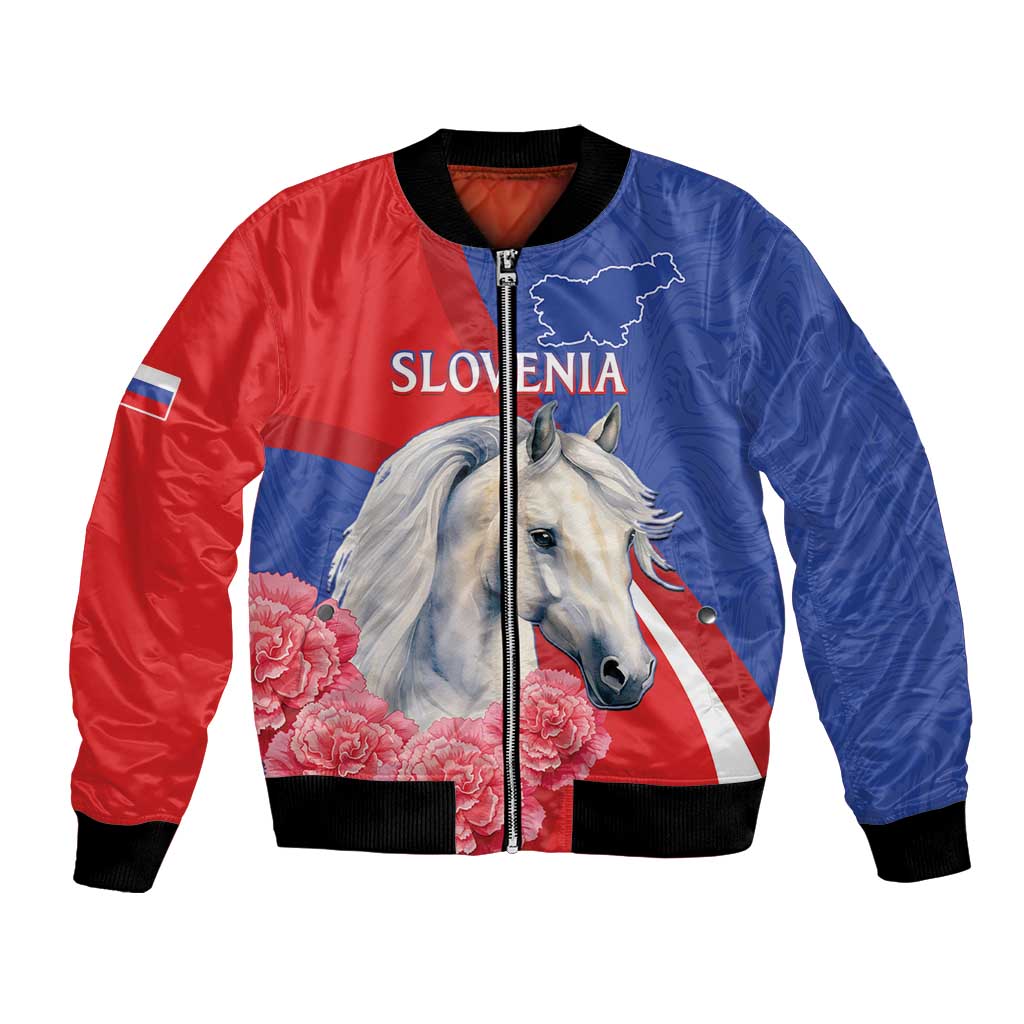 Bicolor bomber jacket with horse graphic, full-zip front, black ribbed collar and cuffs