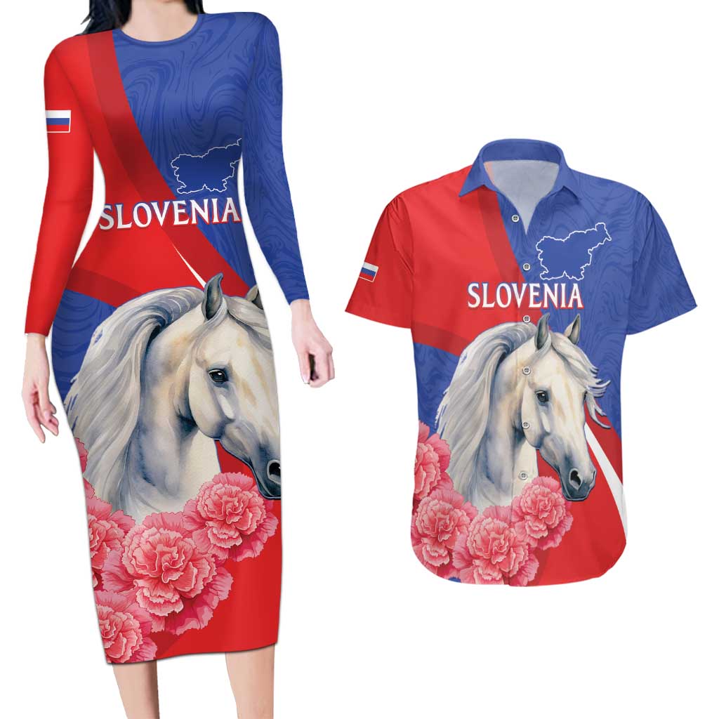 Personalised Balkan Lipizzaner Horse Slovenia Couples Matching Long Sleeve Bodycon Dress and Hawaiian Shirt Carnation Sporty Style - Wonder Print Shop