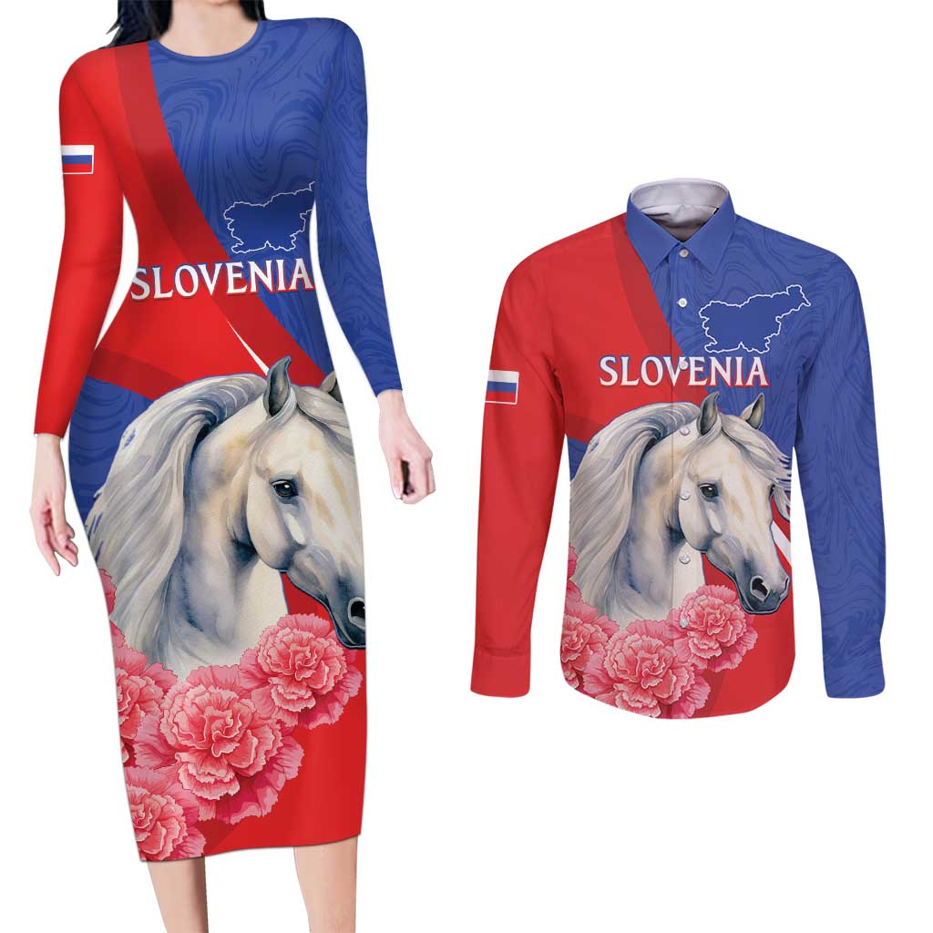 Personalised Balkan Lipizzaner Horse Slovenia Couples Matching Long Sleeve Bodycon Dress and Long Sleeve Button Shirt Carnation Sporty Style - Wonder Print Shop