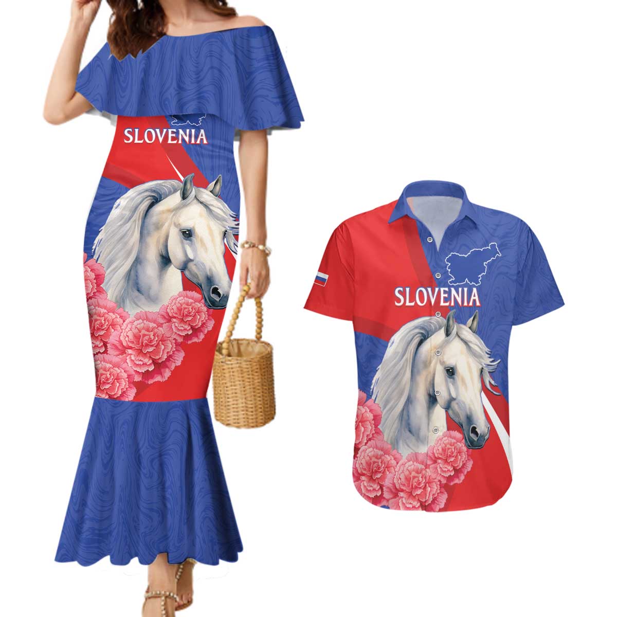 Personalised Balkan Lipizzaner Horse Slovenia Couples Matching Mermaid Dress and Hawaiian Shirt Carnation Sporty Style - Wonder Print Shop