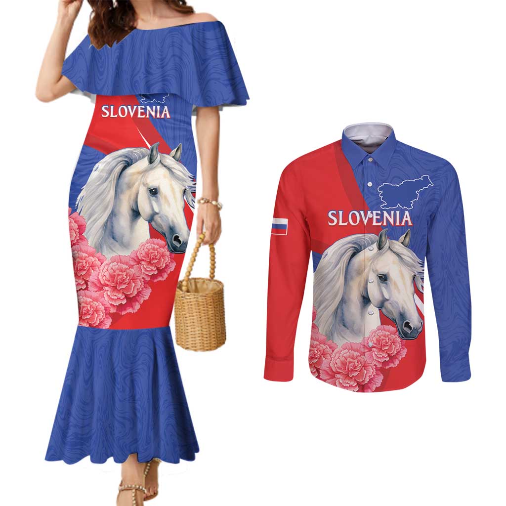 Personalised Balkan Lipizzaner Horse Slovenia Couples Matching Mermaid Dress and Long Sleeve Button Shirt Carnation Sporty Style