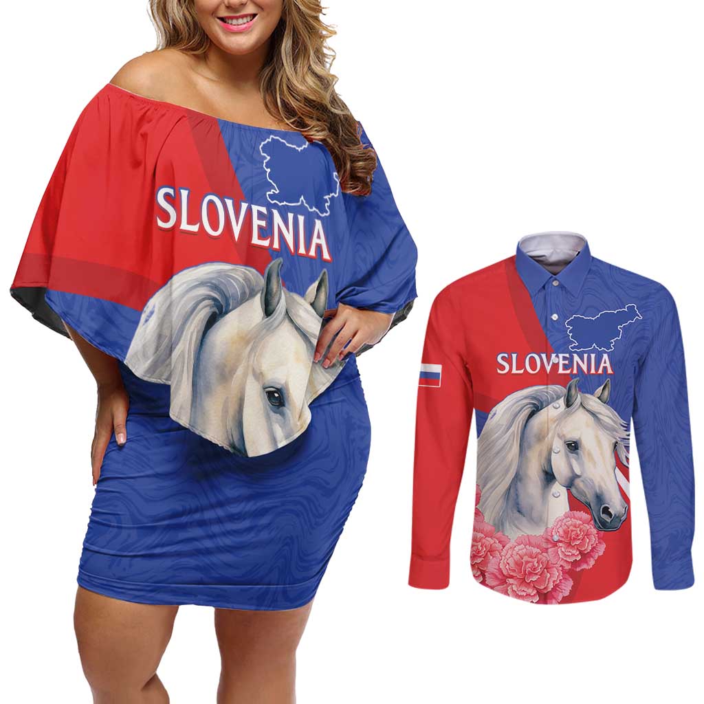 Personalised Balkan Lipizzaner Horse Slovenia Couples Matching Off Shoulder Short Dress and Long Sleeve Button Shirt Carnation Sporty Style - Wonder Print Shop