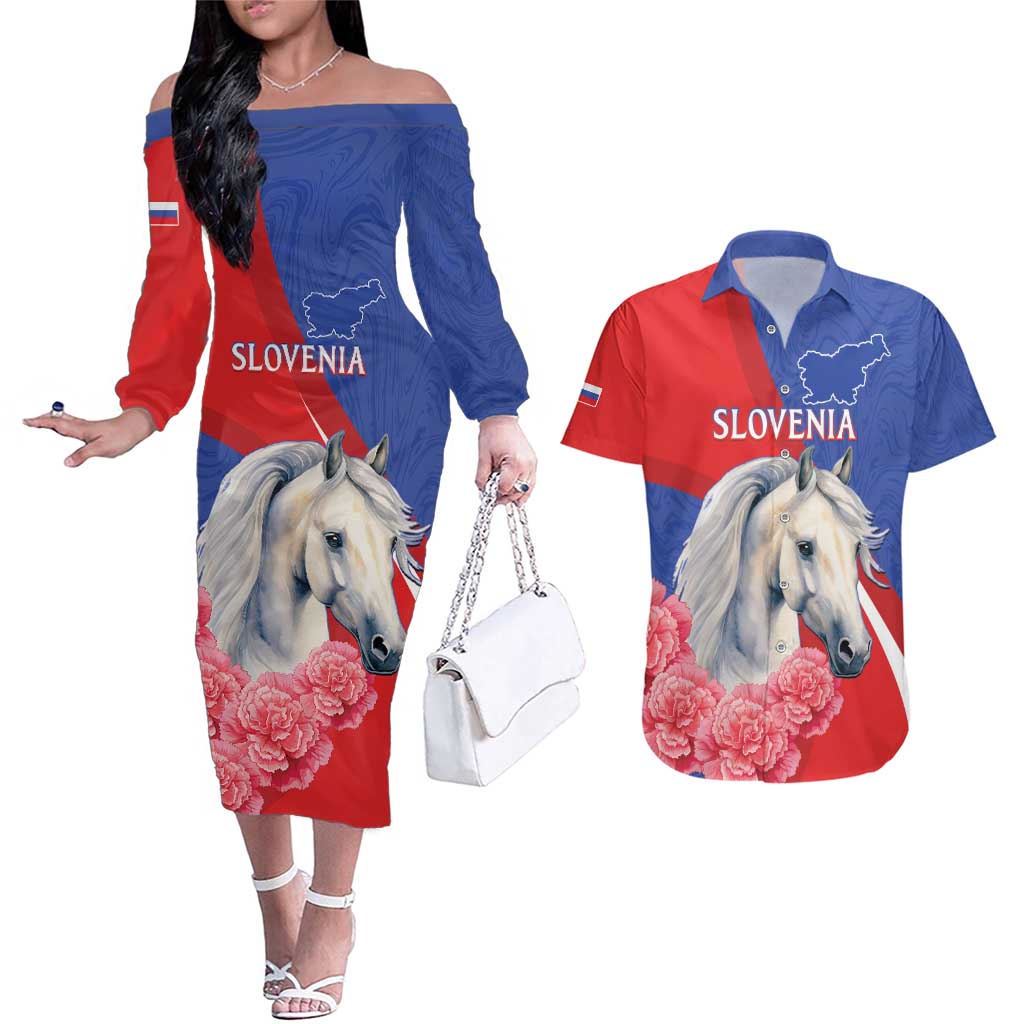 Personalised Balkan Lipizzaner Horse Slovenia Couples Matching Off The Shoulder Long Sleeve Dress and Hawaiian Shirt Carnation Sporty Style - Wonder Print Shop