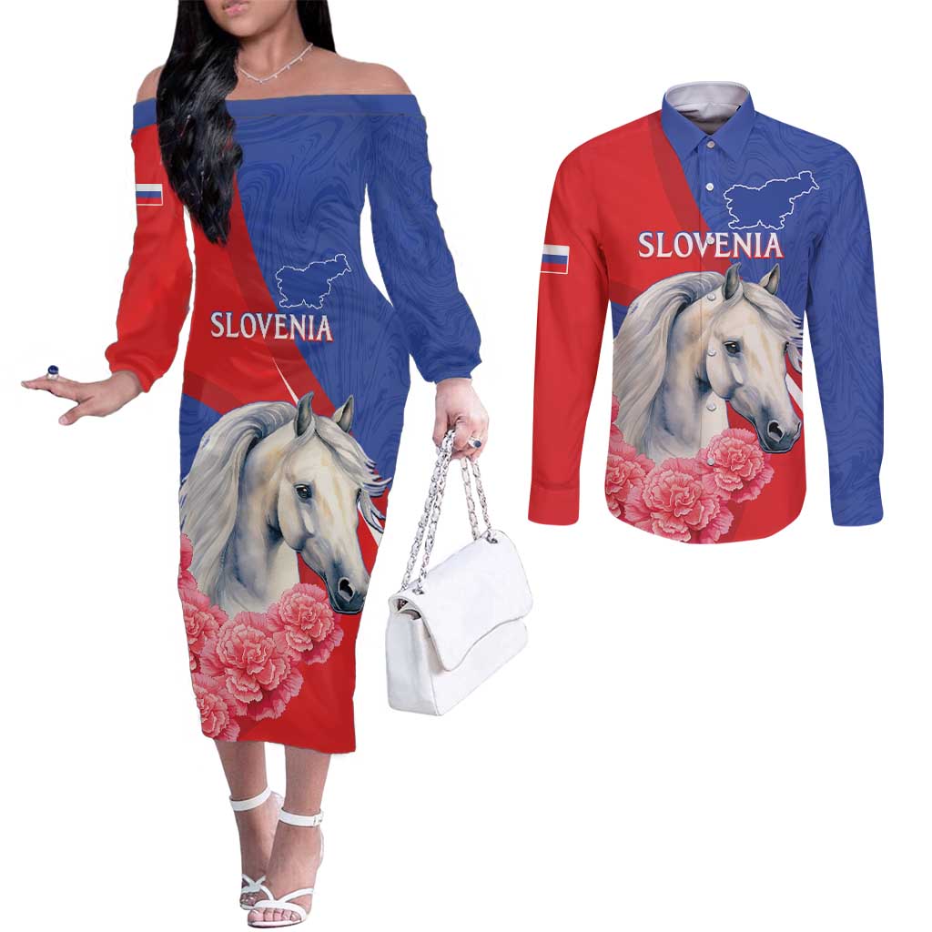 Personalised Balkan Lipizzaner Horse Slovenia Couples Matching Off The Shoulder Long Sleeve Dress and Long Sleeve Button Shirt Carnation Sporty Style