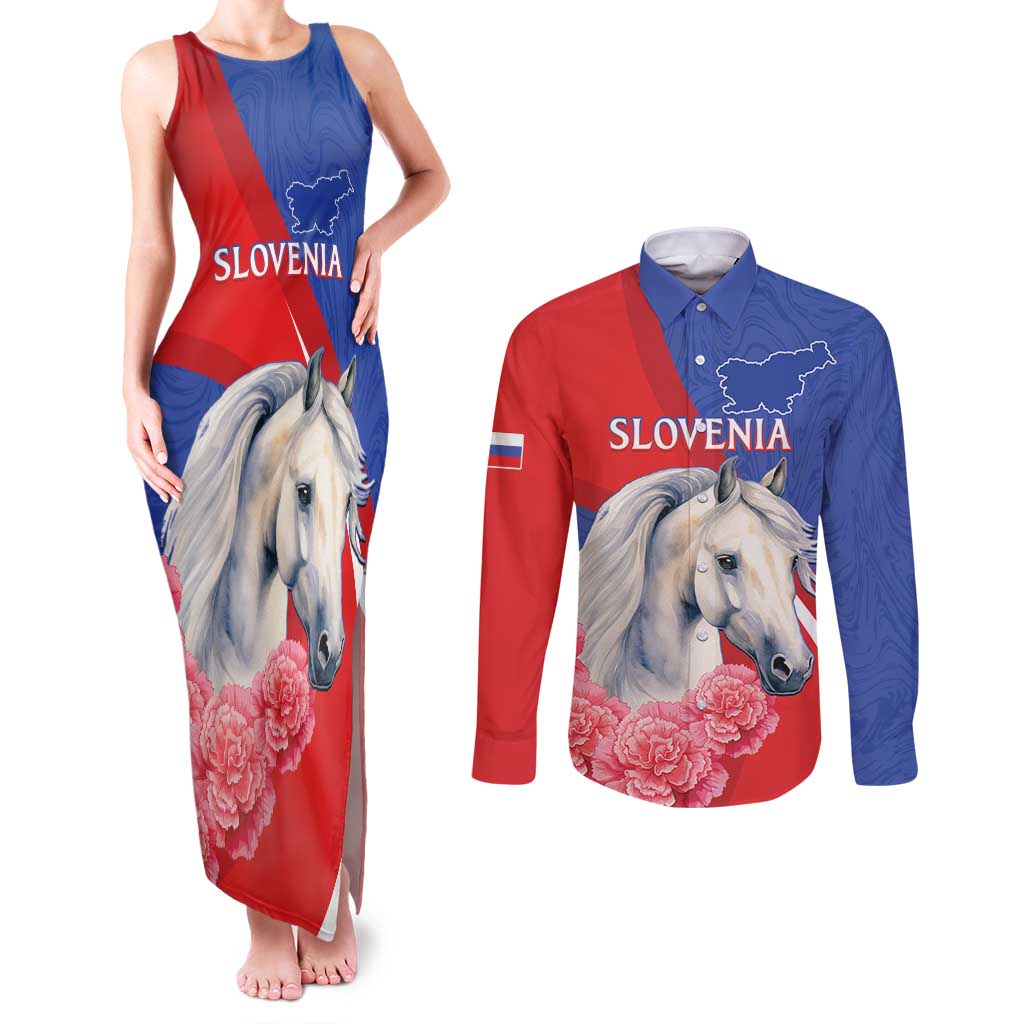 Personalised Balkan Lipizzaner Horse Slovenia Couples Matching Tank Maxi Dress and Long Sleeve Button Shirt Carnation Sporty Style - Wonder Print Shop