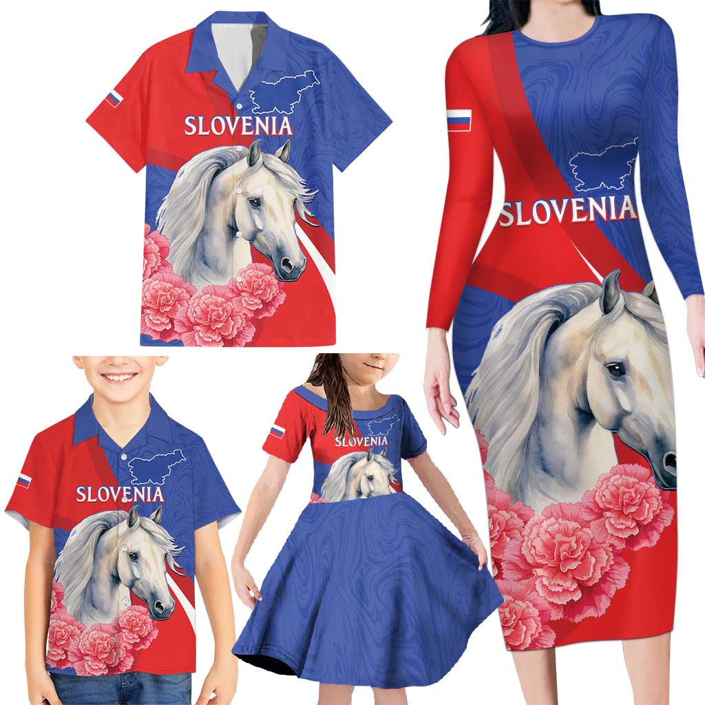 Personalised Balkan Lipizzaner Horse Slovenia Family Matching Long Sleeve Bodycon Dress and Hawaiian Shirt Carnation Sporty Style - Wonder Print Shop