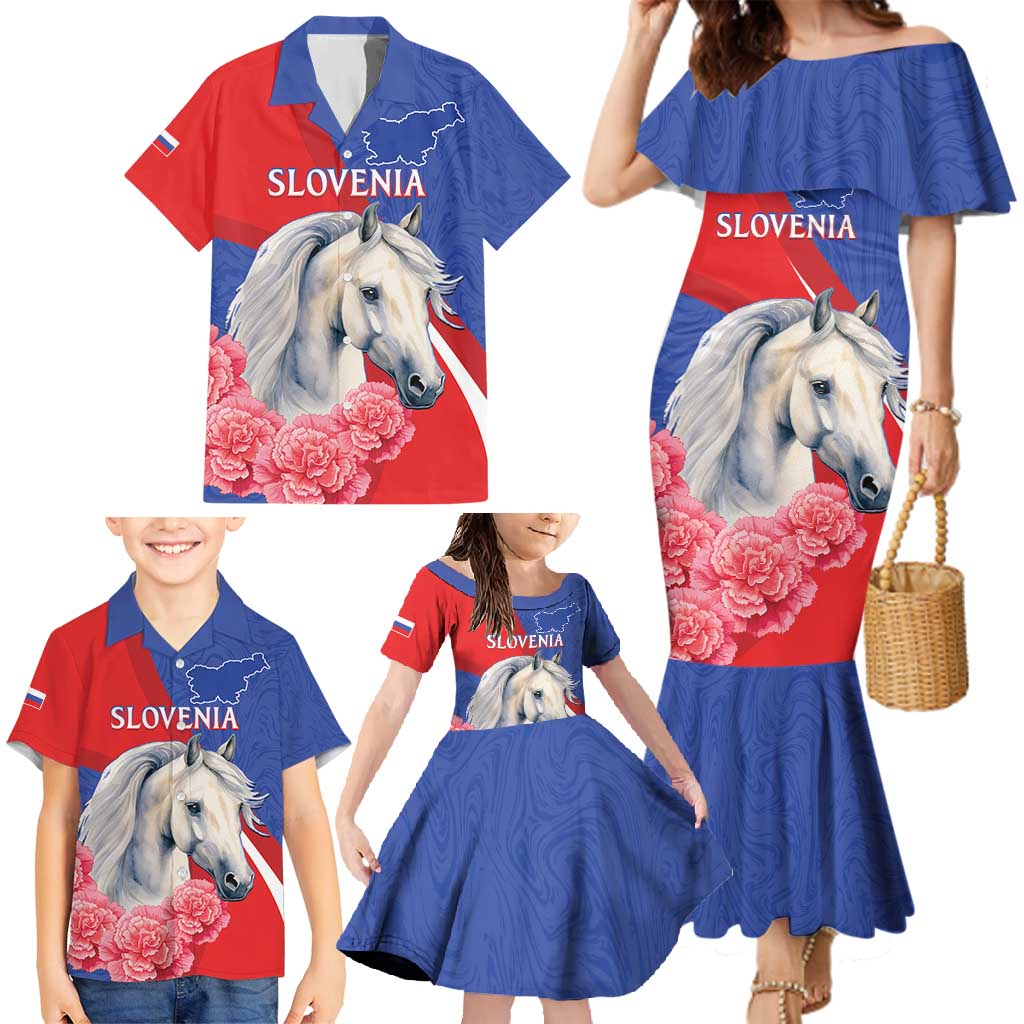 Personalised Balkan Lipizzaner Horse Slovenia Family Matching Mermaid Dress and Hawaiian Shirt Carnation Sporty Style - Wonder Print Shop