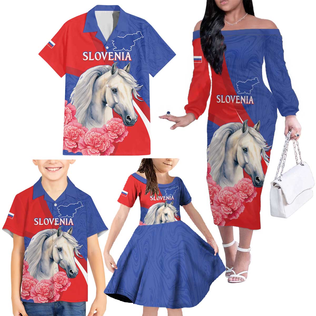 Personalised Balkan Lipizzaner Horse Slovenia Family Matching Off The Shoulder Long Sleeve Dress and Hawaiian Shirt Carnation Sporty Style - Wonder Print Shop