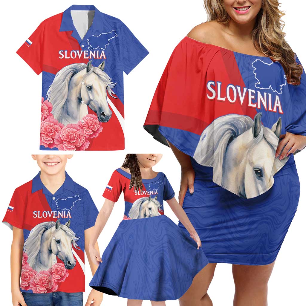 Personalised Balkan Lipizzaner Horse Slovenia Family Matching Off Shoulder Short Dress and Hawaiian Shirt Carnation Sporty Style - Wonder Print Shop