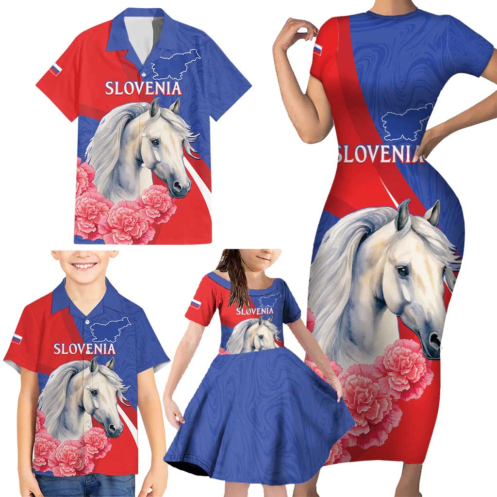 Personalised Balkan Lipizzaner Horse Slovenia Family Matching Short Sleeve Bodycon Dress and Hawaiian Shirt Carnation Sporty Style - Wonder Print Shop