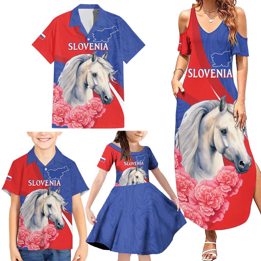 Personalised Balkan Lipizzaner Horse Slovenia Family Matching Summer Maxi Dress and Hawaiian Shirt Carnation Sporty Style - Wonder Print Shop