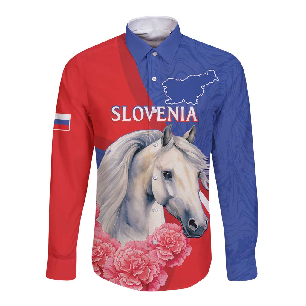 Red/blue long-sleeve button shirt with white horse and carnations, Slovenia graphic