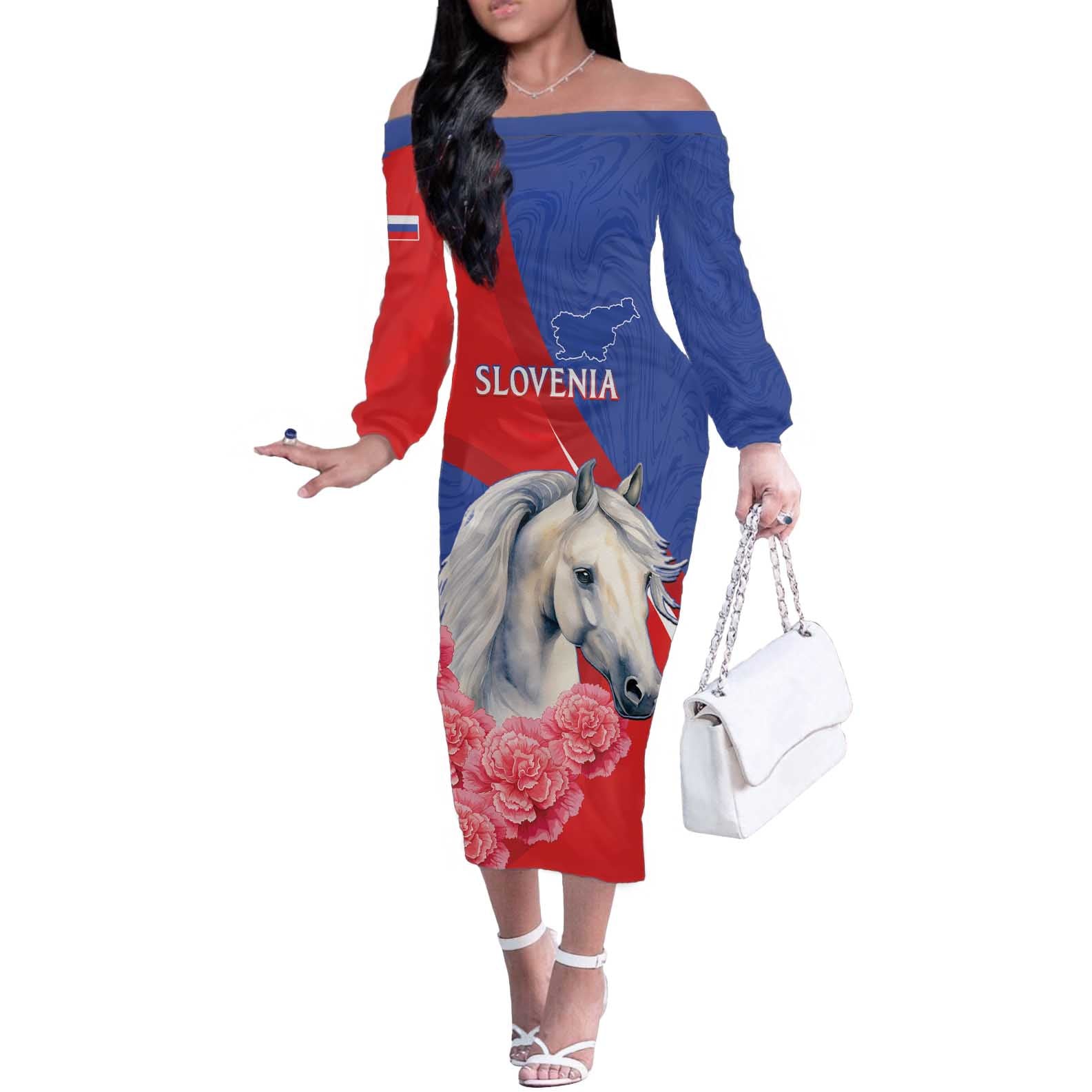 Personalised Balkan Lipizzaner Horse Slovenia Off The Shoulder Long Sleeve Dress Carnation Sporty Style - Wonder Print Shop