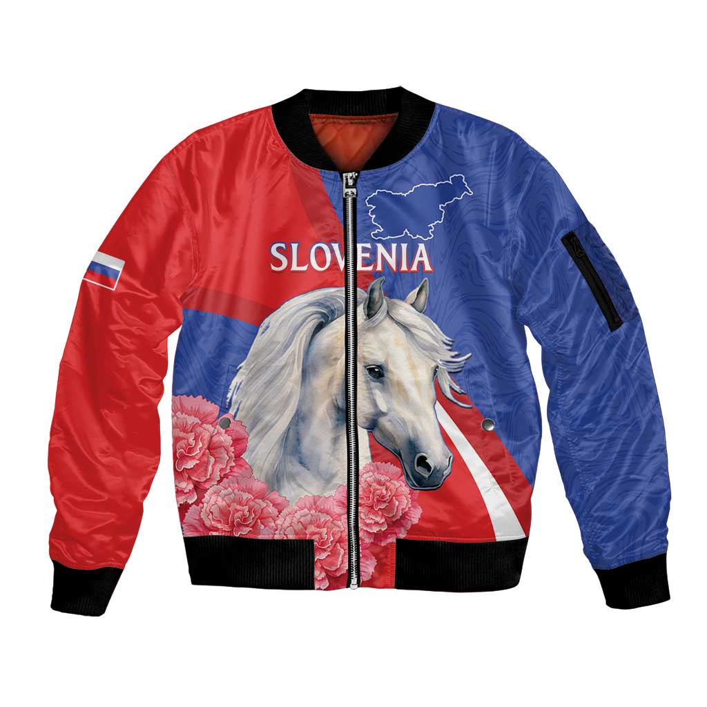 Personalised Balkan Lipizzaner Horse Slovenia Sleeve Zip Bomber Jacket Carnation Sporty Style - Wonder Print Shop