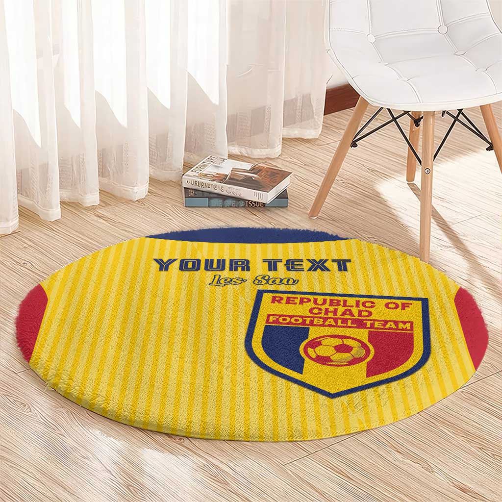 Yellow round football carpet with blue outline, red center shield, and “YOUR TEXT” text.